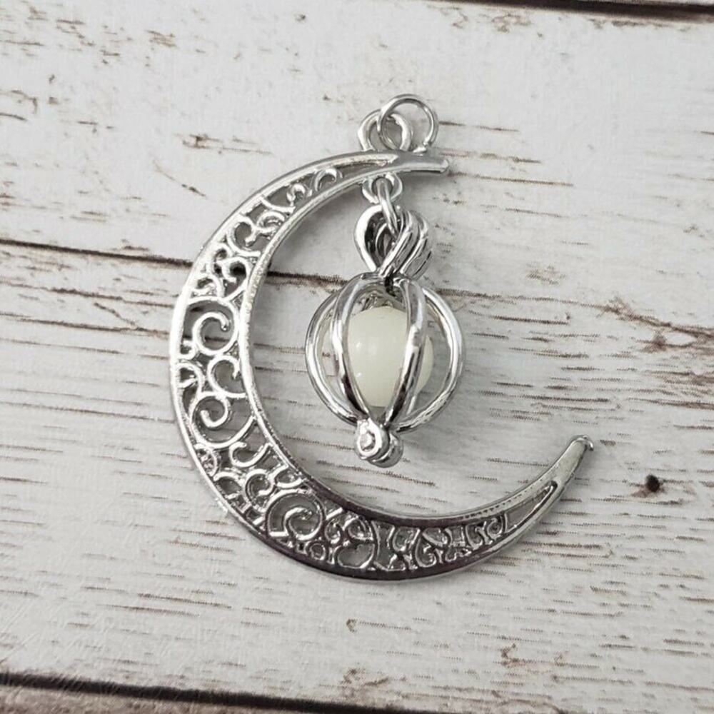 Moon Pendant with Bead Dangle Ornate Silver Tone (No Chain Included)